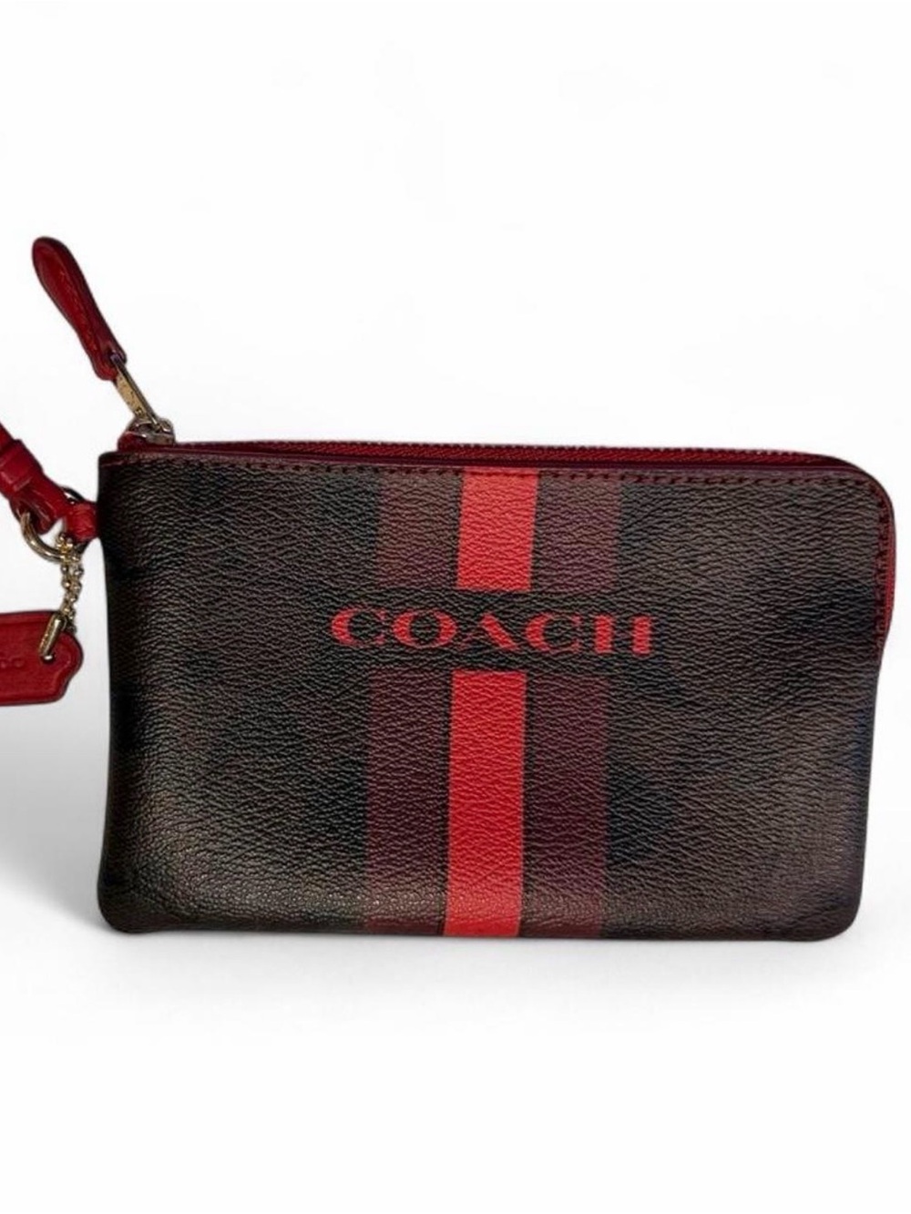 Coach Black Leather Wristlet with Red Stripe